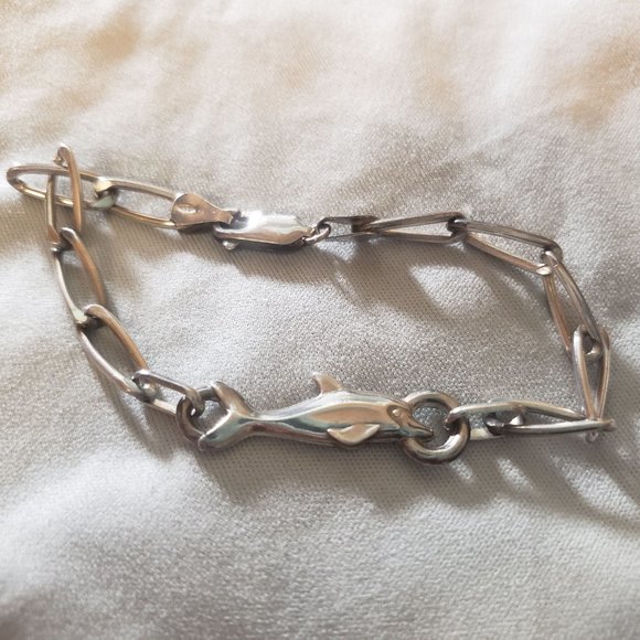 Sterling Dolphin Bracelet Chain Link Anklet Small - Picture 3 of 6